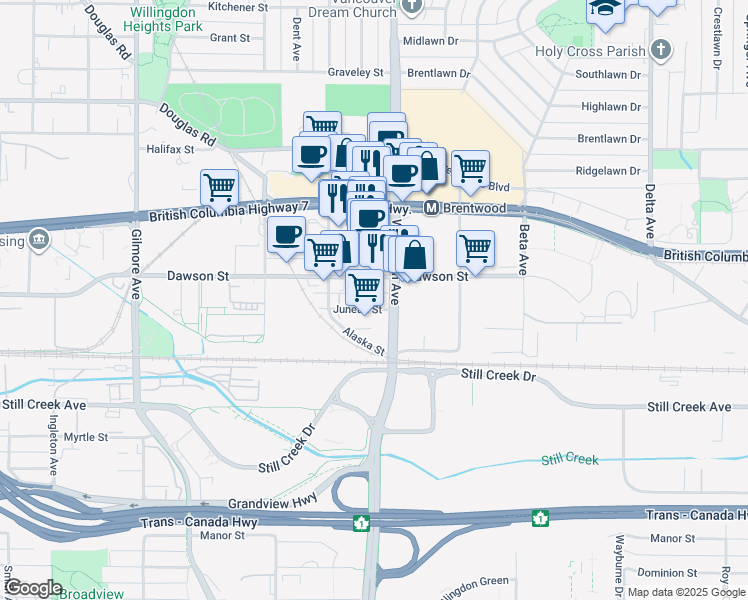 map of restaurants, bars, coffee shops, grocery stores, and more near 4452 Dawson Street in Burnaby