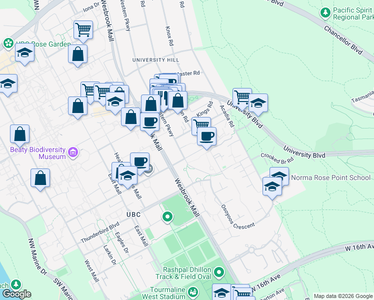 map of restaurants, bars, coffee shops, grocery stores, and more near in Vancouver