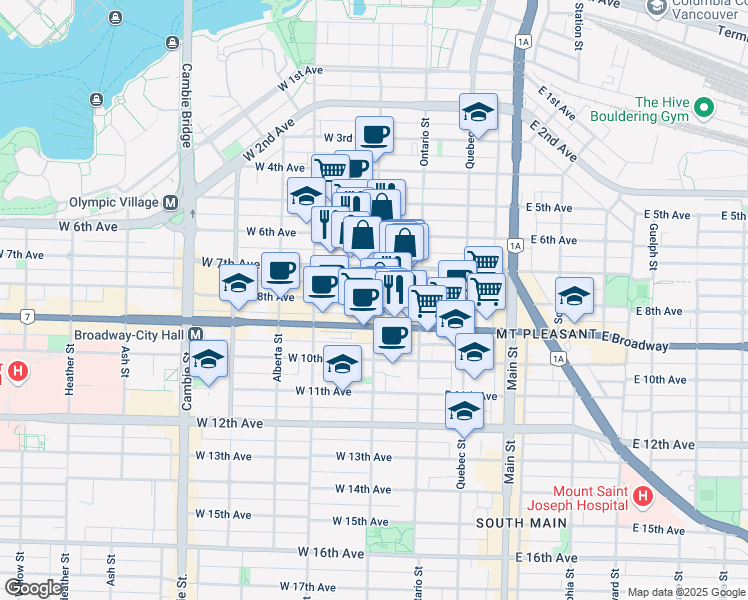 map of restaurants, bars, coffee shops, grocery stores, and more near 107 West 8th Avenue in Vancouver