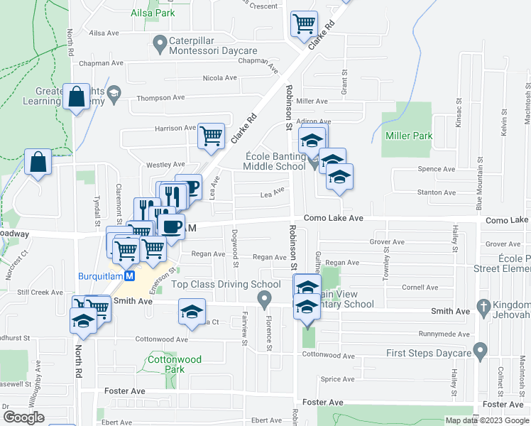 map of restaurants, bars, coffee shops, grocery stores, and more near 720 Lea Avenue in Coquitlam