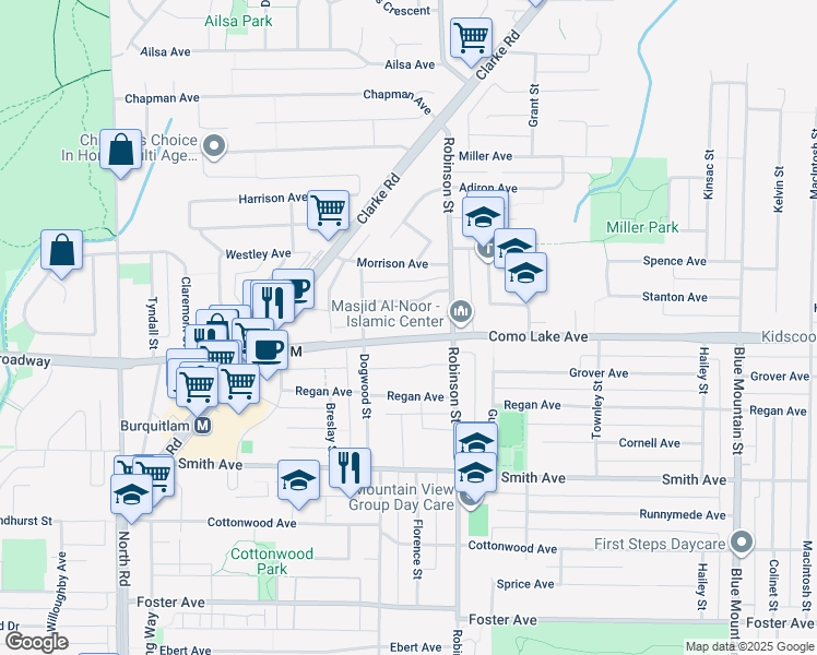 map of restaurants, bars, coffee shops, grocery stores, and more near 717 Como Lake Avenue in Coquitlam