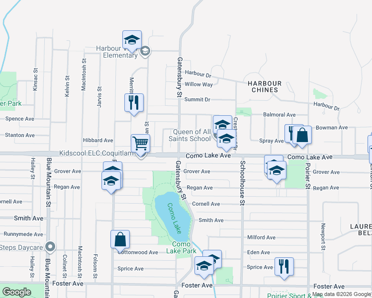 map of restaurants, bars, coffee shops, grocery stores, and more near 801 Gatensbury Street in Coquitlam