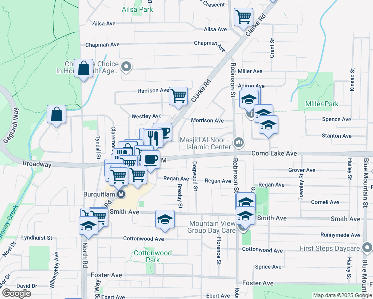 map of restaurants, bars, coffee shops, grocery stores, and more near 648 Lea Avenue in Coquitlam