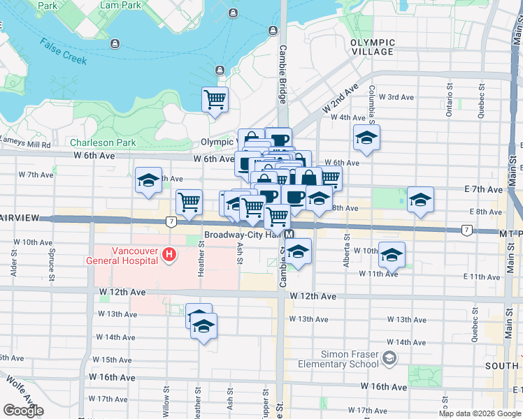 map of restaurants, bars, coffee shops, grocery stores, and more near 555 West 8th Avenue in Vancouver