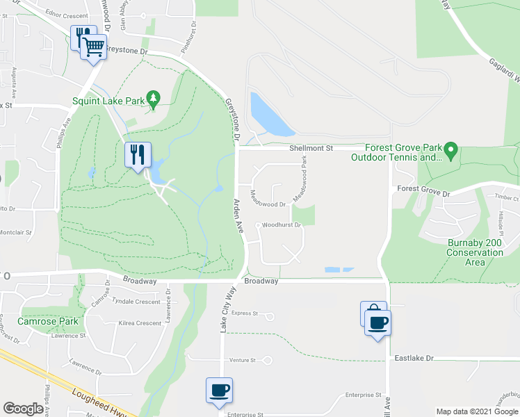 map of restaurants, bars, coffee shops, grocery stores, and more near 7953 Meadowood Drive in Burnaby
