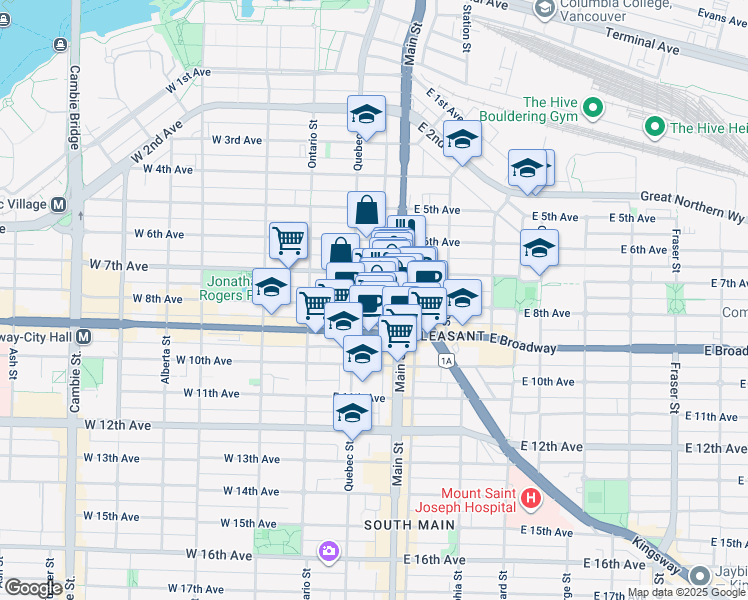 map of restaurants, bars, coffee shops, grocery stores, and more near 133 East 8th Avenue in Vancouver