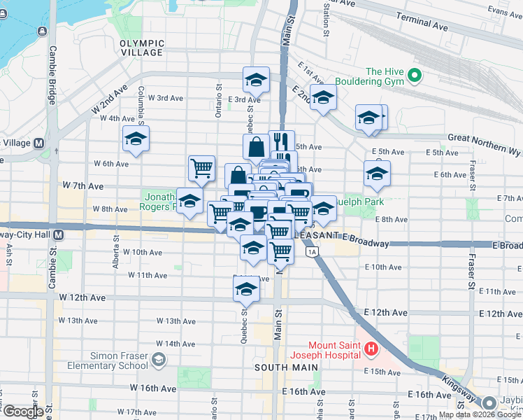 map of restaurants, bars, coffee shops, grocery stores, and more near 133 East 8th Avenue in Vancouver