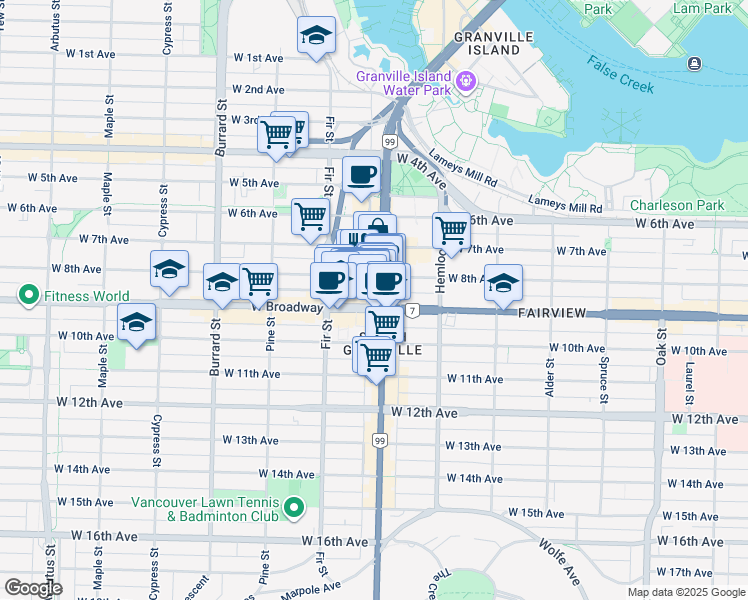 map of restaurants, bars, coffee shops, grocery stores, and more near 2447 Granville Street in Vancouver