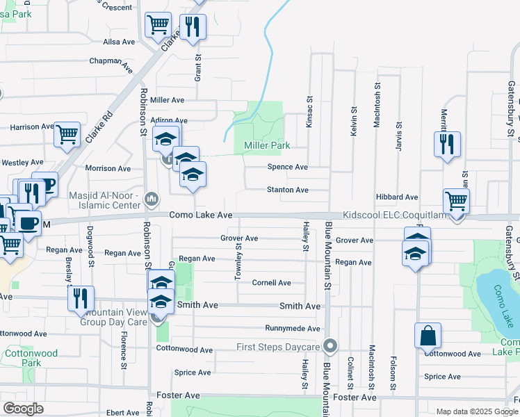 map of restaurants, bars, coffee shops, grocery stores, and more near 895 Como Lake Avenue in Coquitlam
