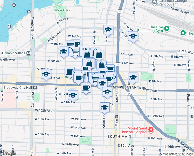 map of restaurants, bars, coffee shops, grocery stores, and more near 5b East 8th Avenue in Vancouver