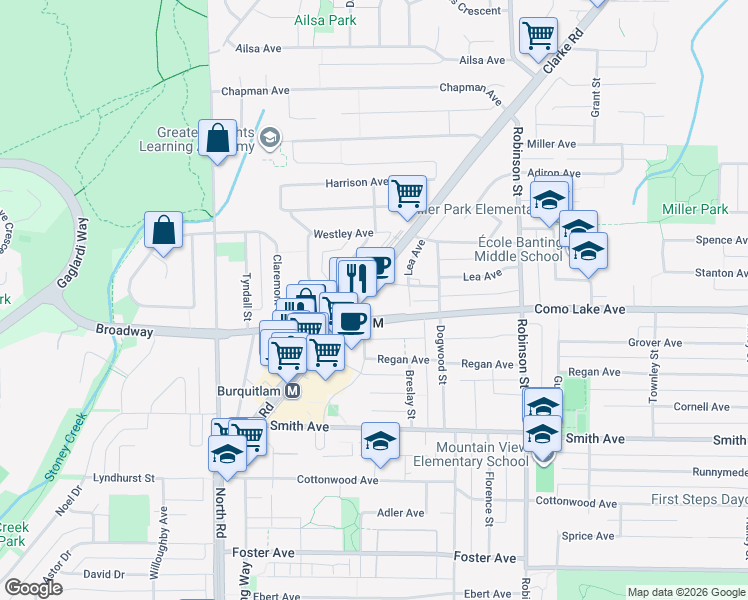 map of restaurants, bars, coffee shops, grocery stores, and more near 612 Clarke Road in Coquitlam