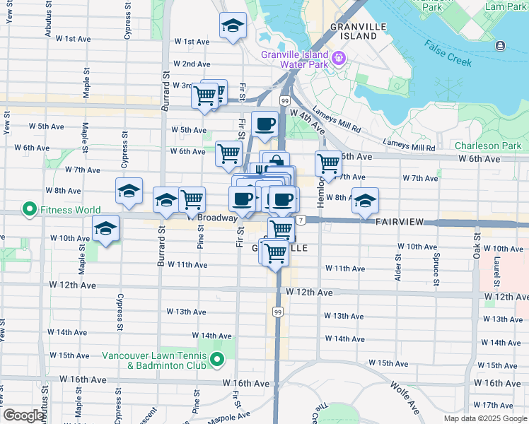 map of restaurants, bars, coffee shops, grocery stores, and more near 2447 Granville Street in Vancouver