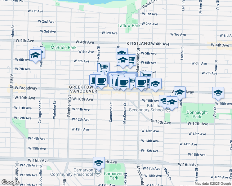 map of restaurants, bars, coffee shops, grocery stores, and more near in Vancouver