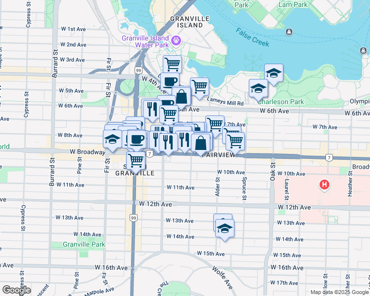 map of restaurants, bars, coffee shops, grocery stores, and more near 1333 West Broadway in Vancouver