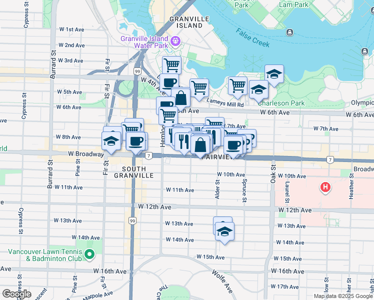 map of restaurants, bars, coffee shops, grocery stores, and more near 1285 West Broadway in Vancouver