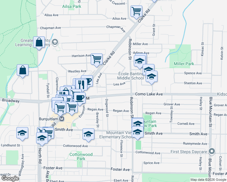 map of restaurants, bars, coffee shops, grocery stores, and more near 707 Como Lake Avenue in Coquitlam
