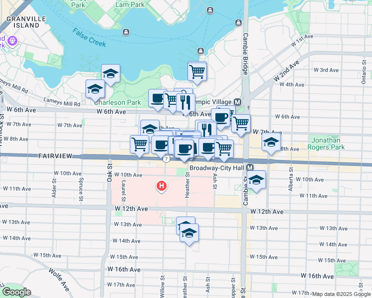 map of restaurants, bars, coffee shops, grocery stores, and more near 2411 Heather Street in Vancouver