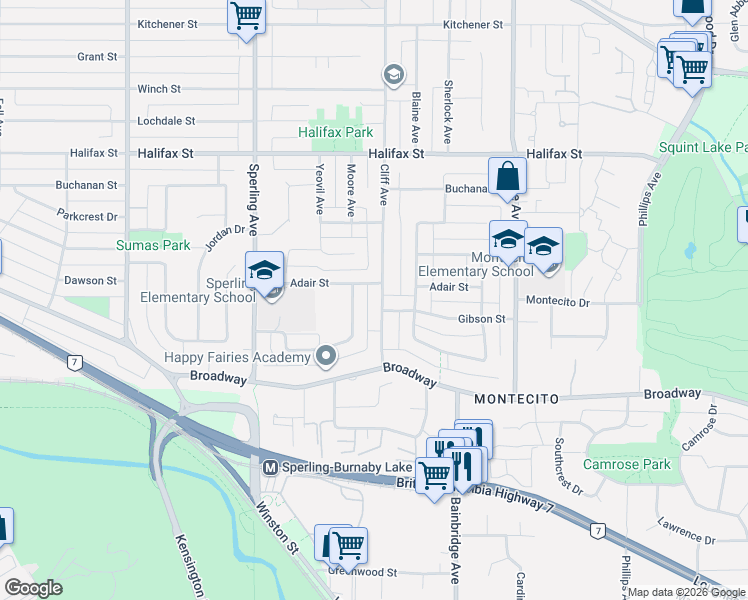 map of restaurants, bars, coffee shops, grocery stores, and more near 2231 Cliff Avenue in Burnaby