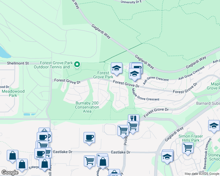 map of restaurants, bars, coffee shops, grocery stores, and more near 8511 Timber Court in Burnaby