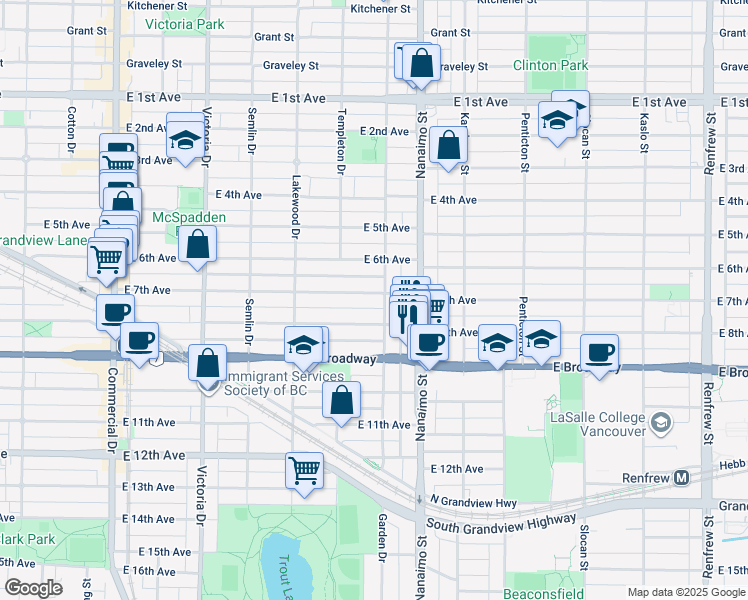 map of restaurants, bars, coffee shops, grocery stores, and more near 2274 East 7th Avenue in Vancouver