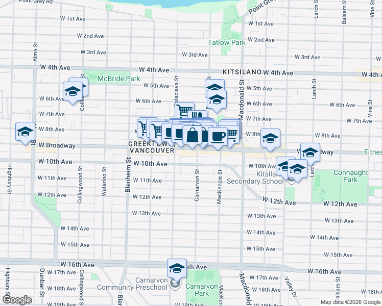 map of restaurants, bars, coffee shops, grocery stores, and more near 3031 West Broadway in Vancouver