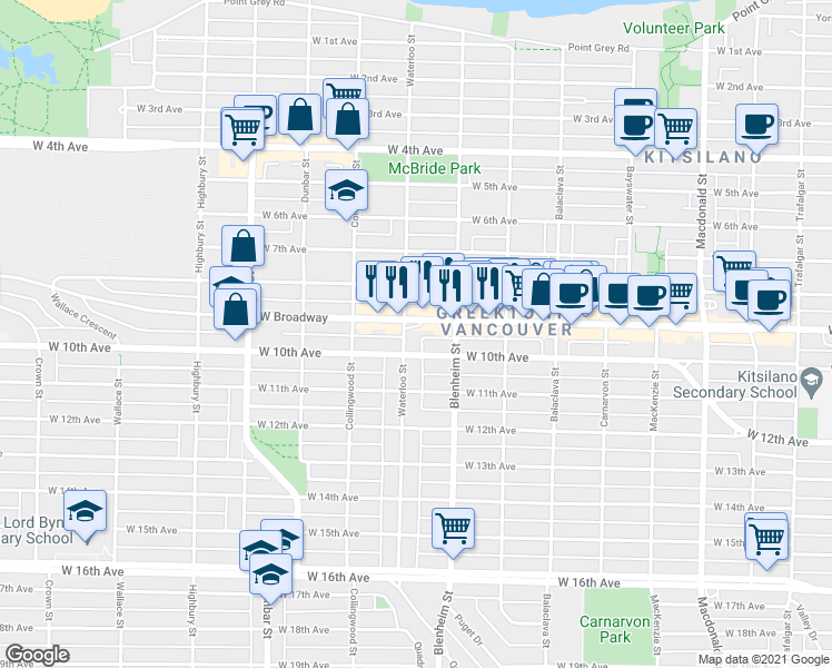 map of restaurants, bars, coffee shops, grocery stores, and more near in Vancouver