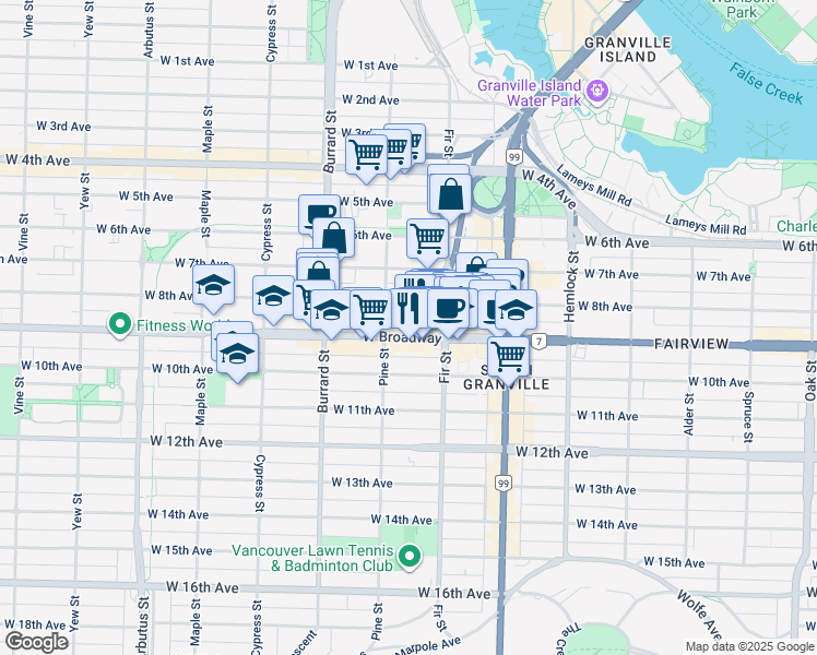 map of restaurants, bars, coffee shops, grocery stores, and more near 1662 West 8th Avenue in Vancouver