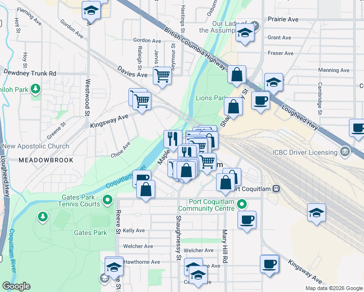 map of restaurants, bars, coffee shops, grocery stores, and more near 2628 Maple Street in Port Coquitlam