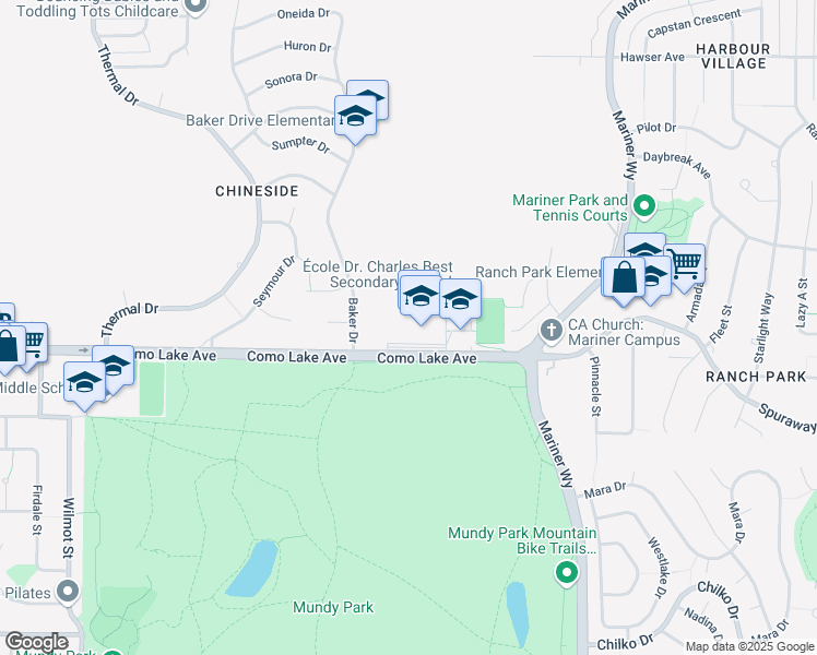 map of restaurants, bars, coffee shops, grocery stores, and more near 2501 Como Lake Avenue in Coquitlam
