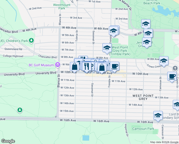 map of restaurants, bars, coffee shops, grocery stores, and more near 4515 West 10th Avenue in Vancouver