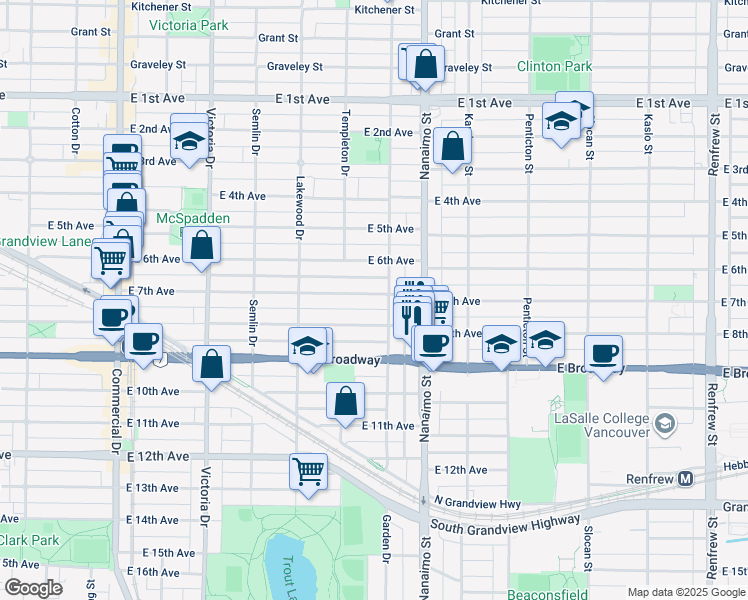 map of restaurants, bars, coffee shops, grocery stores, and more near 2268 East 7th Avenue in Vancouver