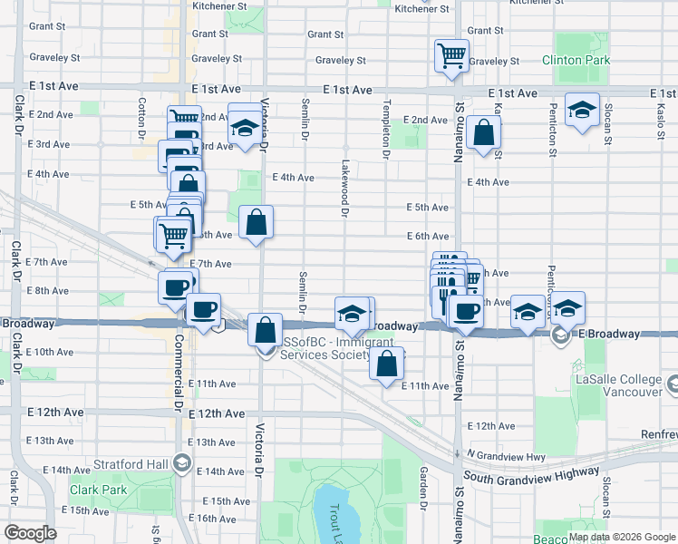 map of restaurants, bars, coffee shops, grocery stores, and more near 2094 East 7th Avenue in Vancouver