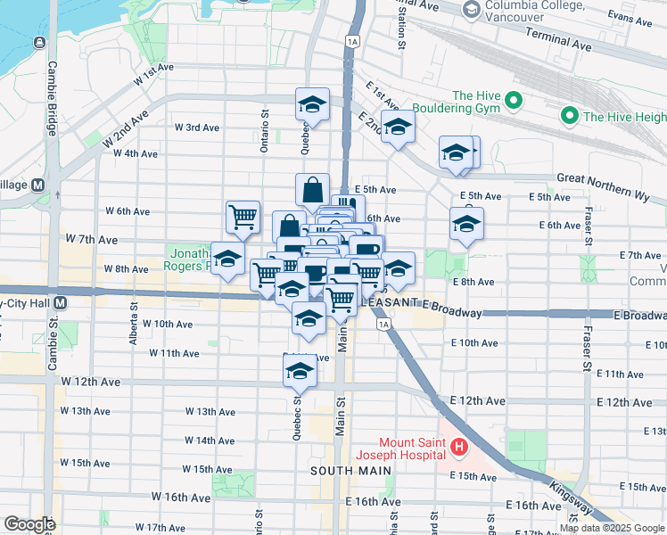 map of restaurants, bars, coffee shops, grocery stores, and more near 2345 Main Street in Vancouver