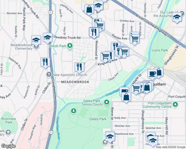map of restaurants, bars, coffee shops, grocery stores, and more near 3010 Riverbend Drive in Port Coquitlam