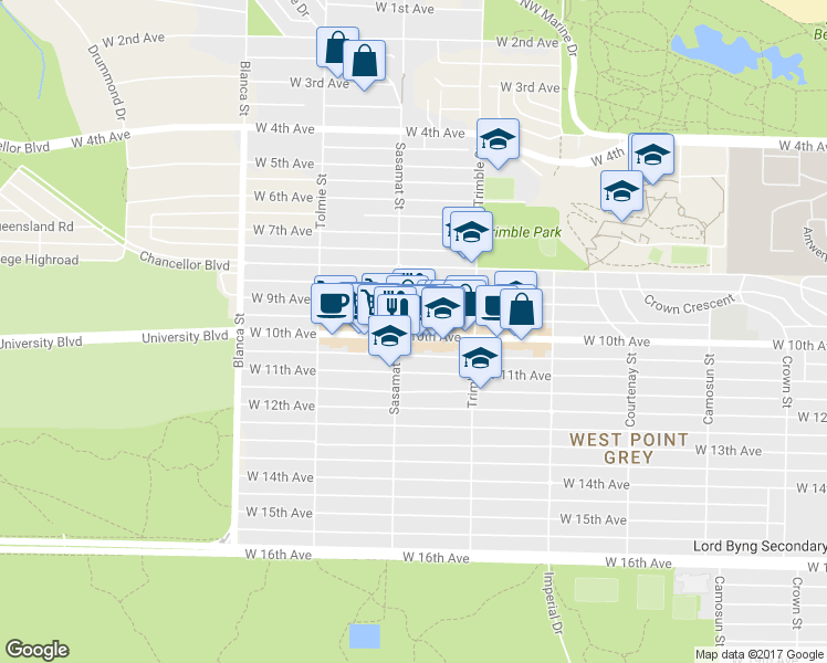 map of restaurants, bars, coffee shops, grocery stores, and more near 4479 West 10th Avenue in Vancouver
