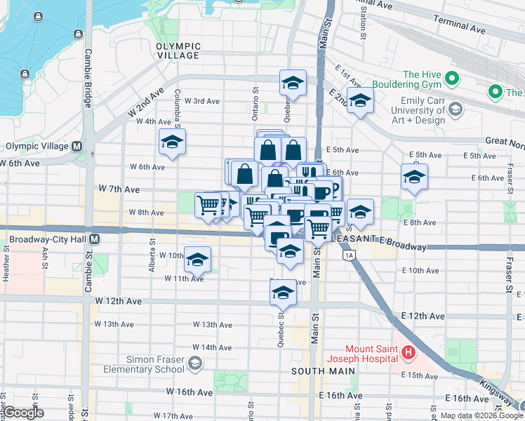 map of restaurants, bars, coffee shops, grocery stores, and more near 1 East 8th Avenue in Vancouver