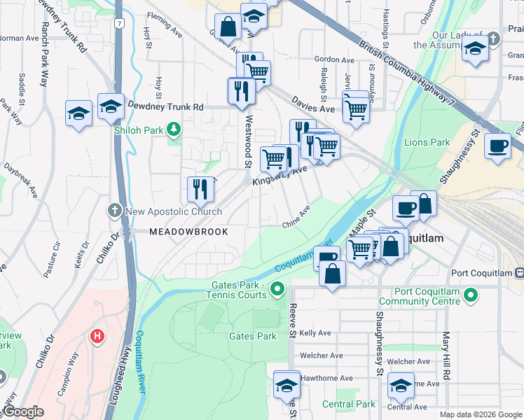 map of restaurants, bars, coffee shops, grocery stores, and more near in Coquitlam