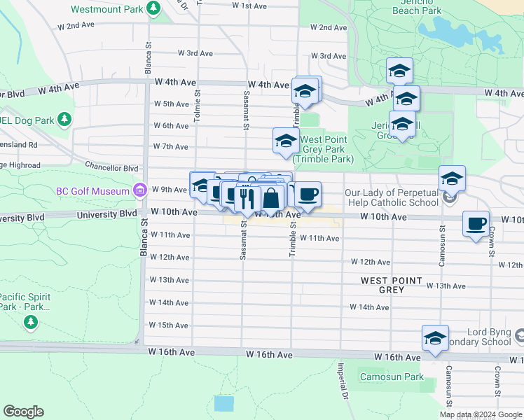 map of restaurants, bars, coffee shops, grocery stores, and more near 4463 West 10th Avenue in Vancouver
