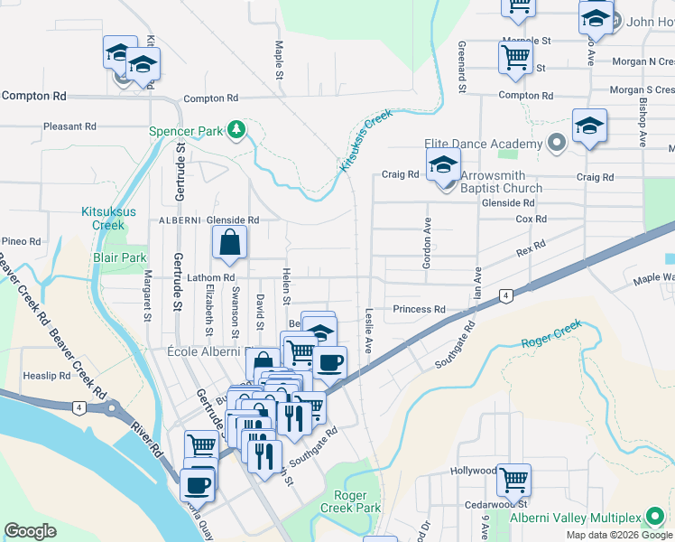 map of restaurants, bars, coffee shops, grocery stores, and more near 4469 Lathom Road in Port Alberni