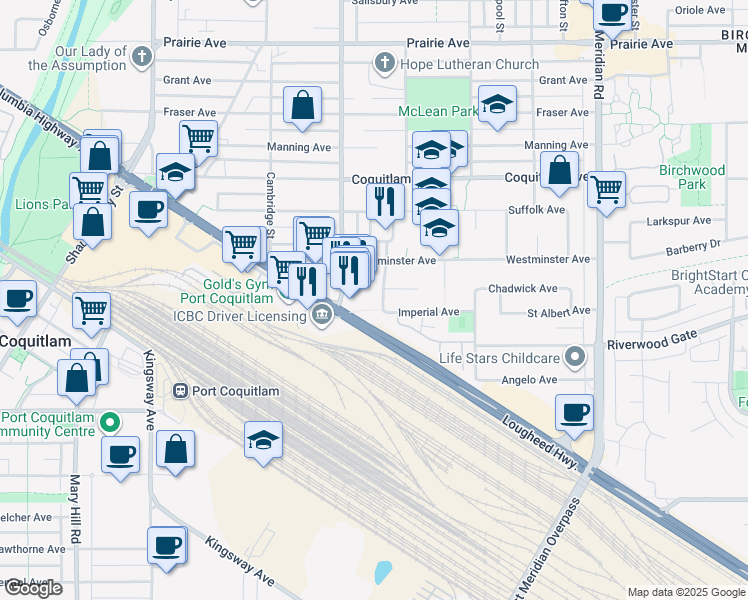 map of restaurants, bars, coffee shops, grocery stores, and more near 2821 Commonwealth Street in Port Coquitlam