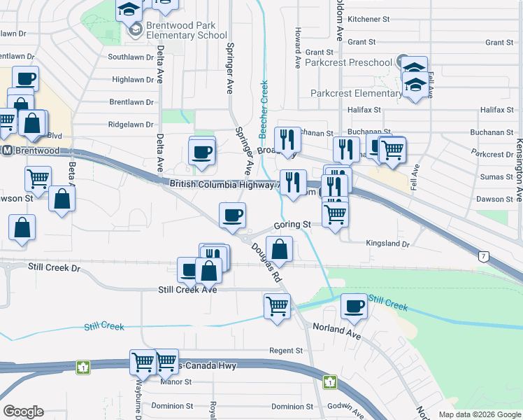 map of restaurants, bars, coffee shops, grocery stores, and more near 2135 Springer Avenue in Burnaby