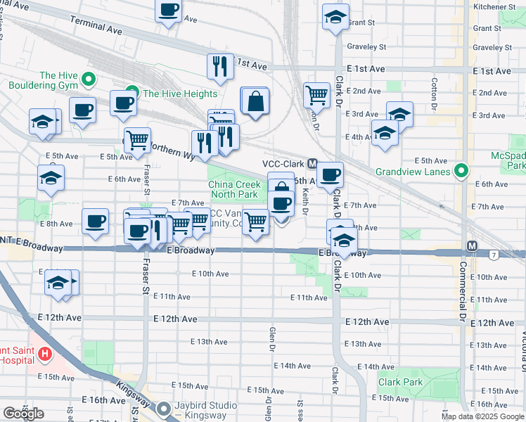 map of restaurants, bars, coffee shops, grocery stores, and more near 1048 East 7th Avenue in Vancouver