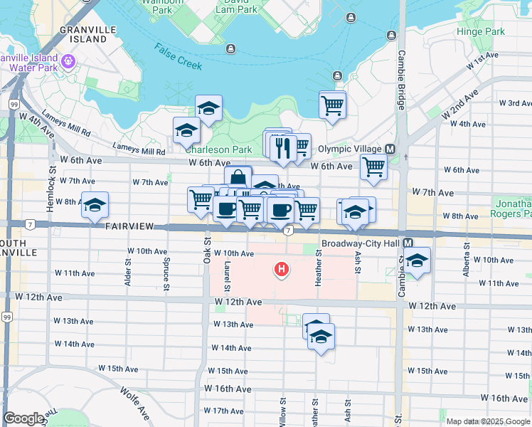 map of restaurants, bars, coffee shops, grocery stores, and more near 848 West 8th Avenue in Vancouver