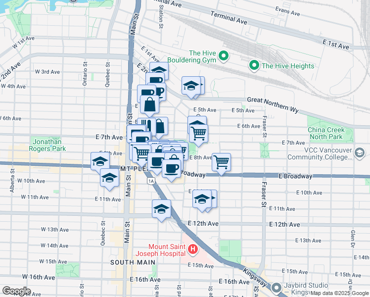 map of restaurants, bars, coffee shops, grocery stores, and more near 350 East 7th Avenue in Vancouver