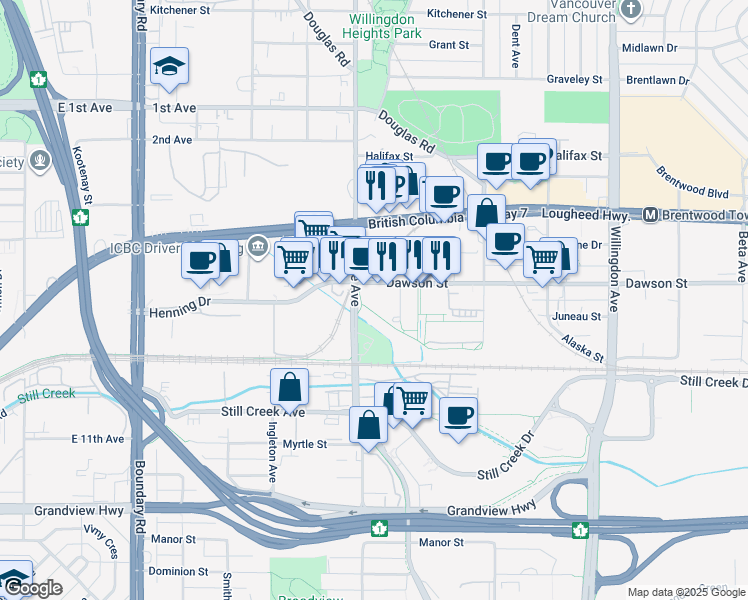 map of restaurants, bars, coffee shops, grocery stores, and more near in Burnaby
