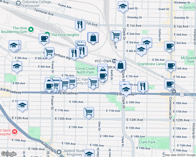 map of restaurants, bars, coffee shops, grocery stores, and more near in Vancouver