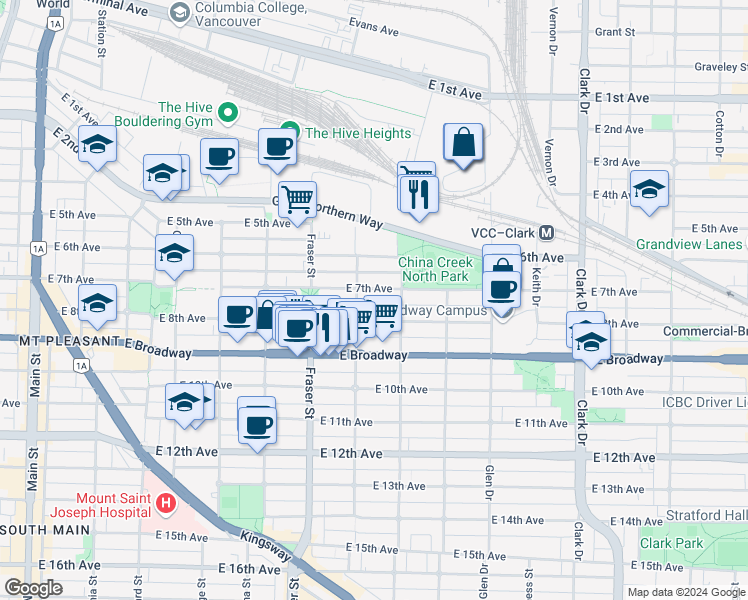map of restaurants, bars, coffee shops, grocery stores, and more near in Vancouver