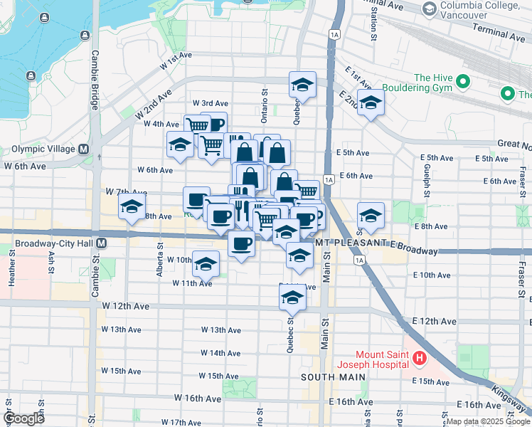 map of restaurants, bars, coffee shops, grocery stores, and more near 2314 Ontario Street in Vancouver