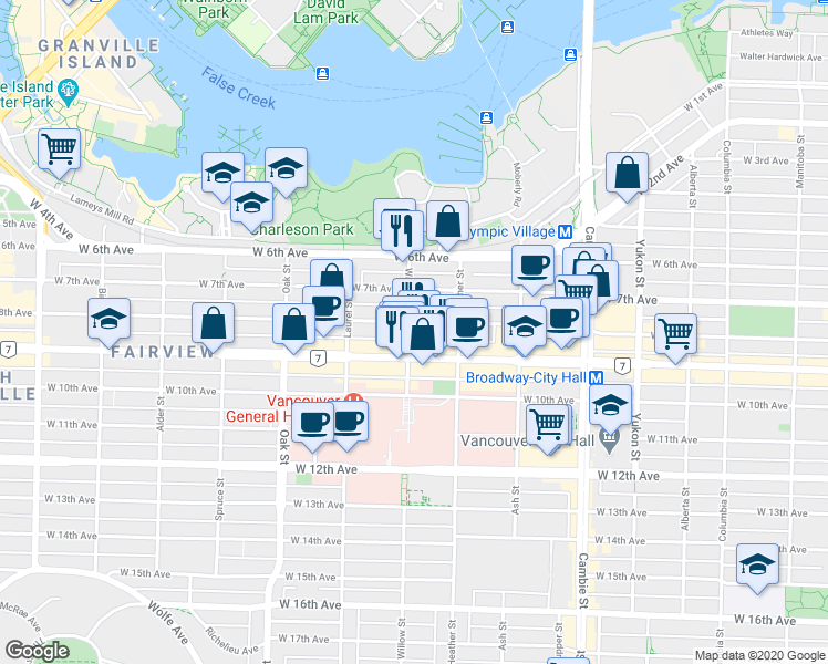 map of restaurants, bars, coffee shops, grocery stores, and more near 795 West 8th Avenue in Vancouver