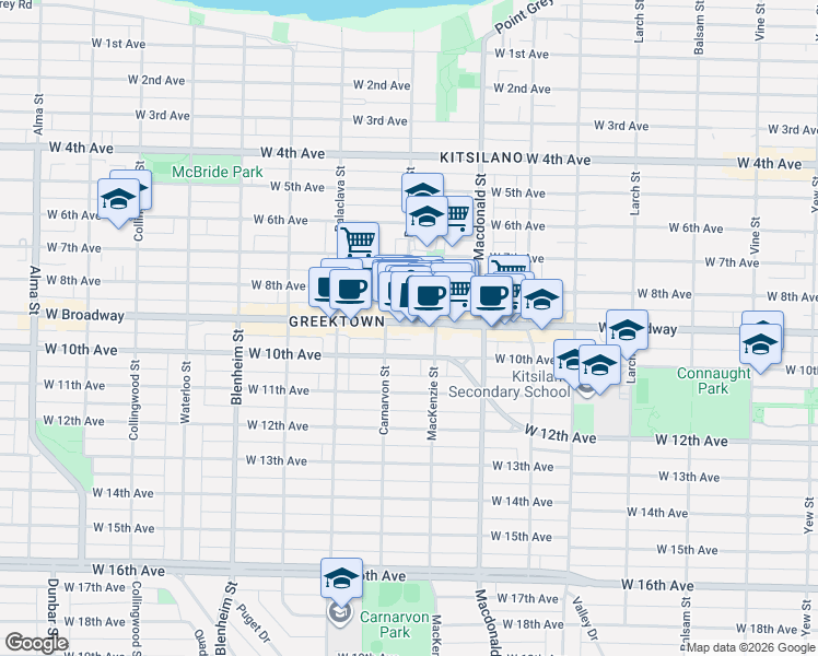 map of restaurants, bars, coffee shops, grocery stores, and more near 2942 West Broadway in Vancouver